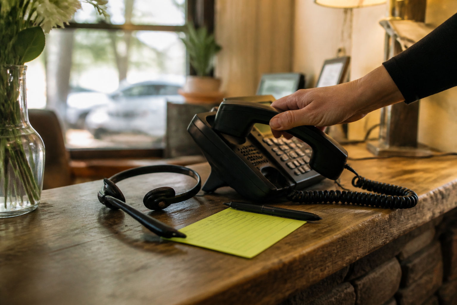 Telefon, Headset und Rückrufnotiz an einer persönlichen Rezeption