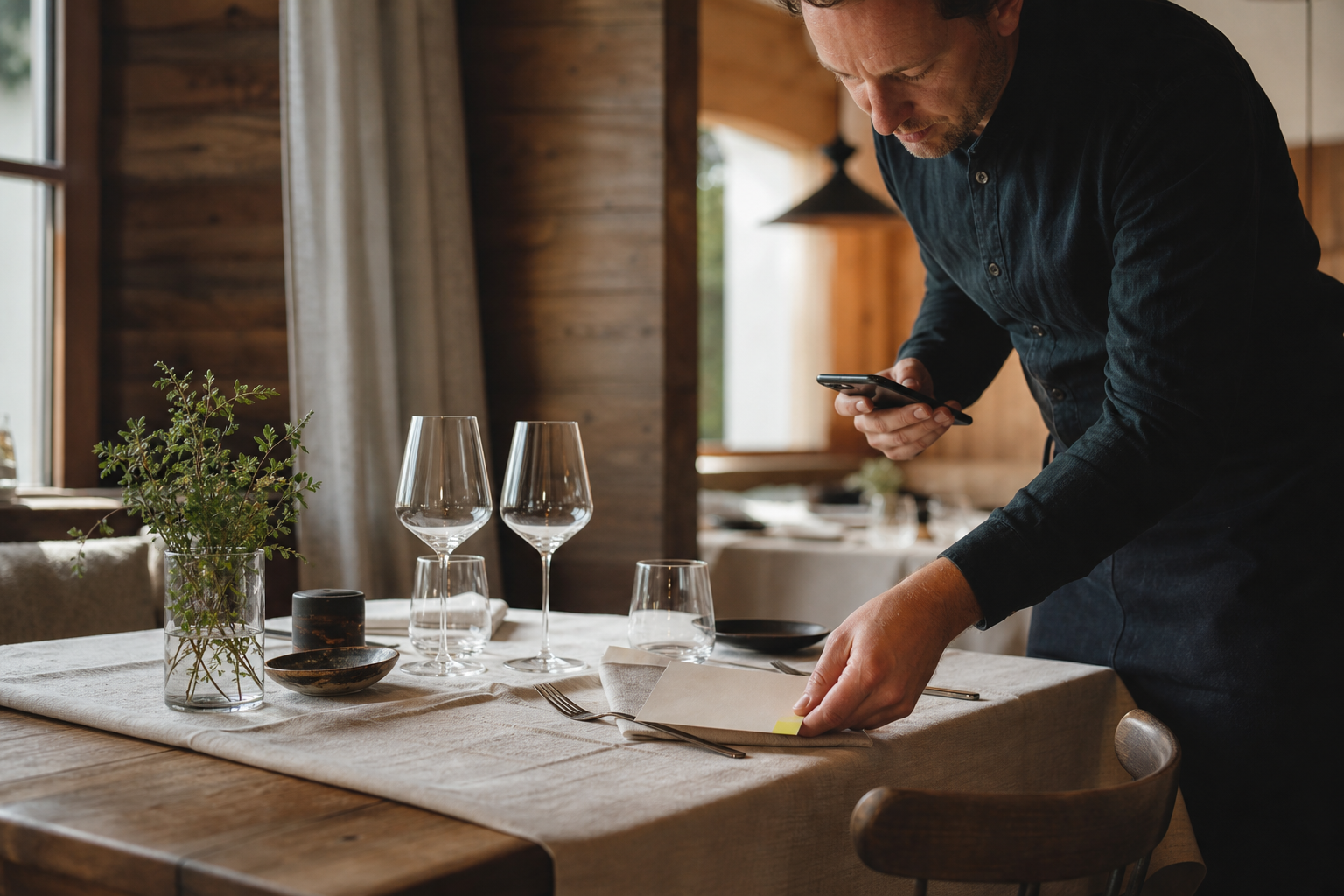 Restaurant bereitet Tisch und digitale Reservierungsanfrage vor