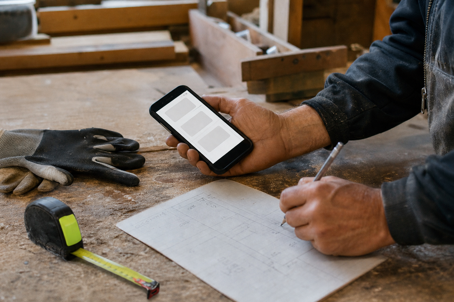 Handwerker verbindet Baustellennotiz und Smartphone im Arbeitsalltag