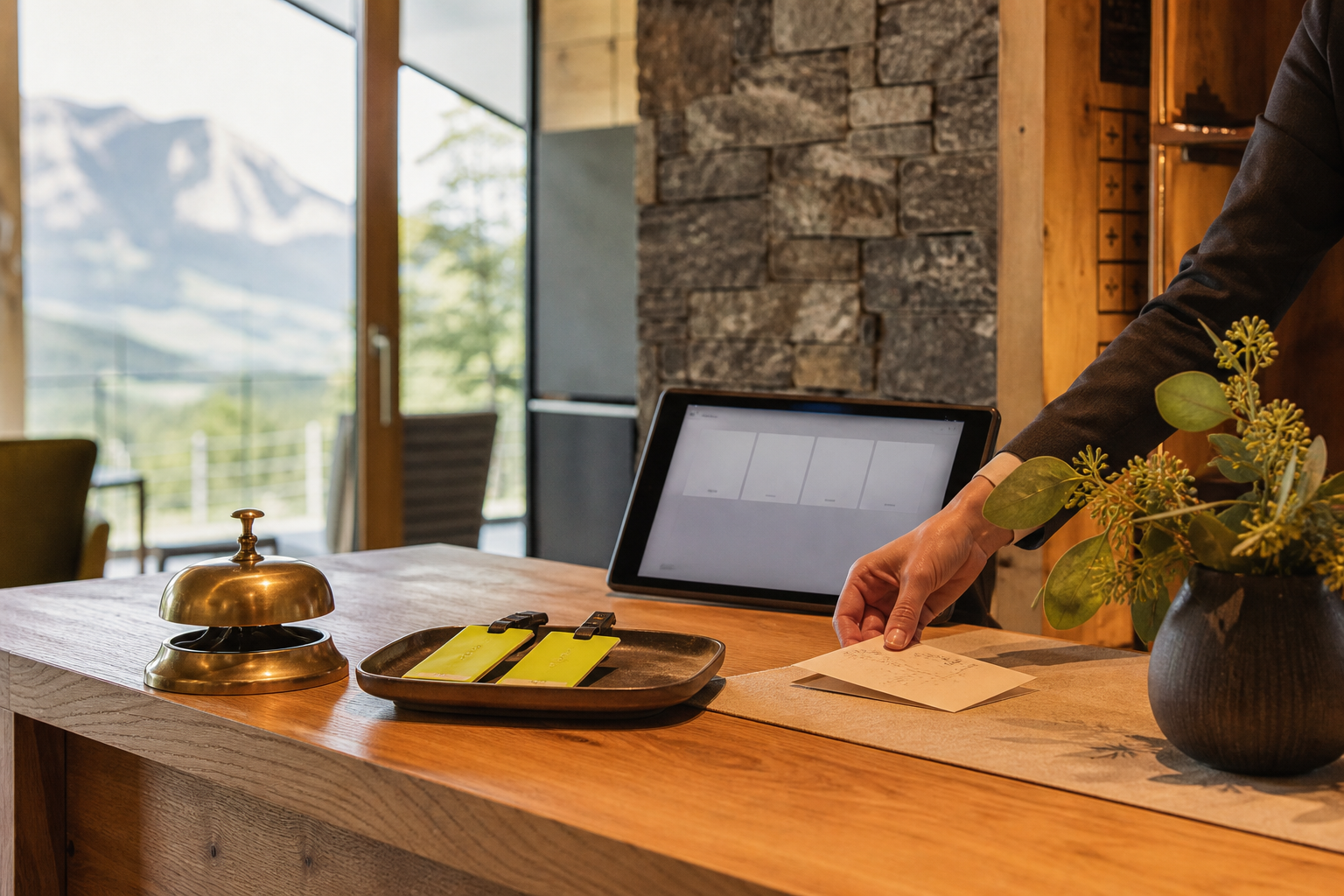 Hotelrezeption mit Gästeinformation, Tablet und Ankunftsnotiz