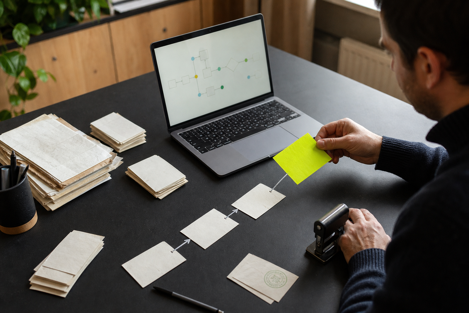 Arbeitsablauf mit Papierkarten, Web-App und Freigabestempel