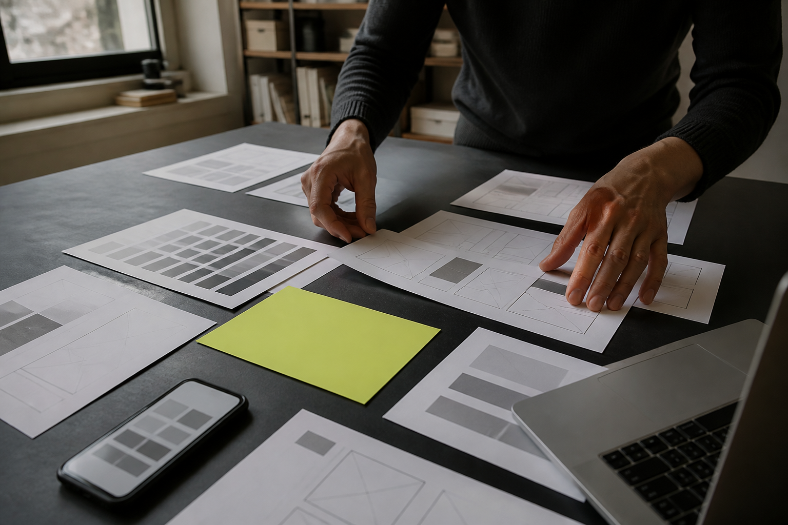 Webdesigner ordnet Website-Entwürfe auf einem Arbeitstisch